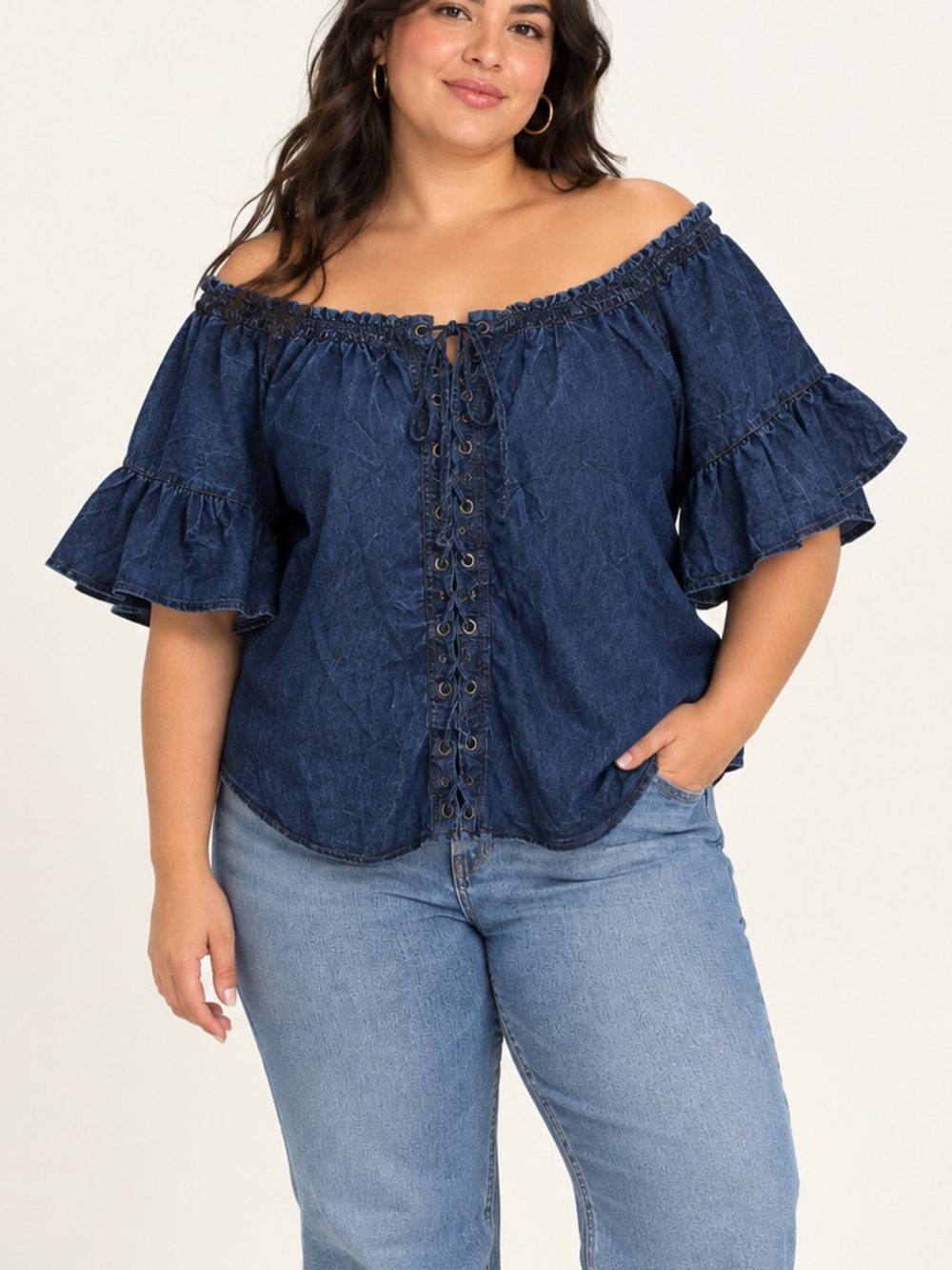 TAXI | 100% Cotton Peasant Top Smocked Neck Lace-Up Ruffle Bell Sleeve 1X